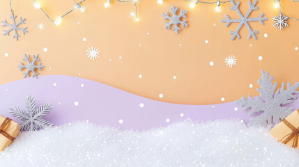 Poster - Festive winter-themed flat lay with snowflakes, fairy lights, and gift box on colorful background with white artificial snow