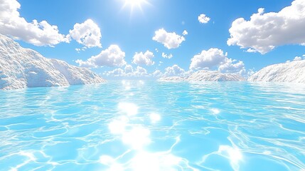 Wall Mural - tranquil, blue water stretches out toward a bright, sun-drenched sky, with white, puffy clouds.