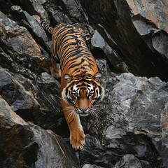 A tiger is walking on a rocky surface. The tiger is looking at the camera. The image has a mood of adventure and exploration