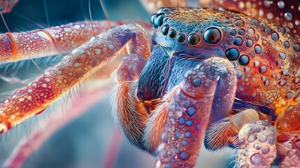 A spider's abdomen captured in vibrant detail under a biological microscope, revealing intricate textures and fine geometric structures in high resolution.