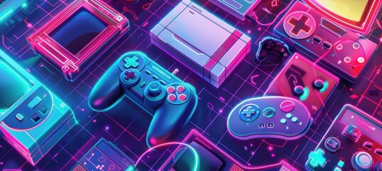 Wall Mural - retro gaming tournament banner with neon consoles and classic controllers design