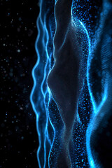 Poster - Vertical Image of horizontal lines of blue particles and undulating 3d landscape on black background.