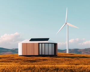 Poster - Offgrid smart home, integrated solar and wind power, 3D illustration