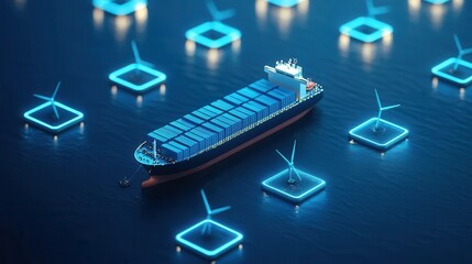 Netzero marine cargo, electric ship dock, sustainable trade, 3D illustration