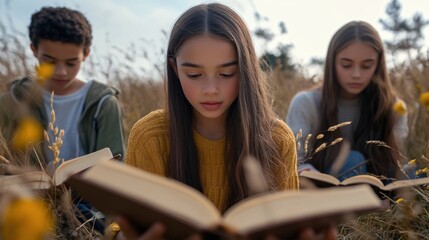 Youthful Immersion in Nature: Kids Reading Outdoors Among Fall Fields. Generative ai