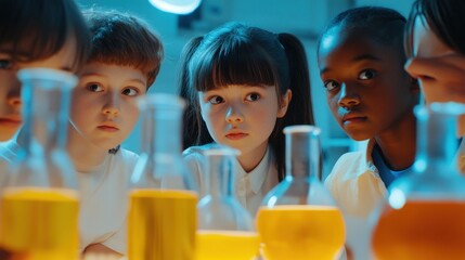 Multiracial Young Scientists Observing Colorful Liquid Experiments in a Laboratory Setting. Generative ai