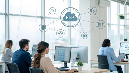 Poster - Business People Working on Computers with ERP Cloud Network Icon