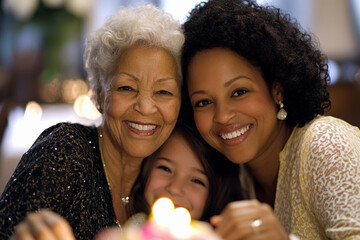 Three generations celebrating together with a birthday cake