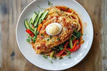 Poster - Western cuisine Piccata Chicken breaded chicken with tomato basil sauce zucchini noodles and vegetable salad on a white plate atop a wooden table