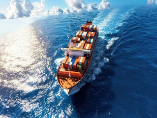 Majestic large container ship navigating the deep blue ocean under bright skies