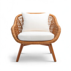 Stylish rattan chair with cushion, white isolated background.