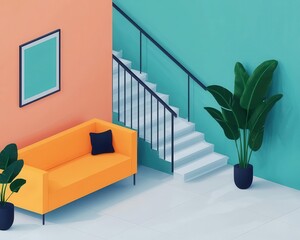 Poster - Open concept isometric house with stylish glass railings, natural light, Isometric house modern, sleek simplicity