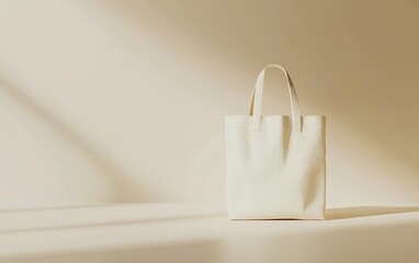 Poster - A minimalist white tote bag rests on a soft, illuminated surface, highlighting its elegant design and texture in gentle sunlight