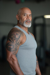 A fit middle-aged man with tattoos stands confidently in a gym, showcasing his physique