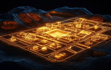 Poster - A digital representation of a futuristic city skyline illuminated in orange against a dark landscape of mountains at night