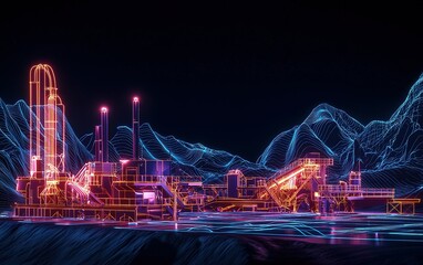 Poster - Industrial facility illuminated with neon lines amidst abstract mountainous background at night showcasing advanced technology and design