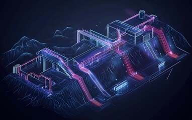 Poster - A digital representation of a futuristic underground facility with intricate pathways and structures amidst a mountain landscape