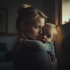 loving mother hugs her little baby at home