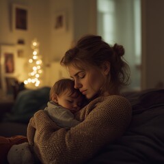 loving mother hugs her little baby at home
