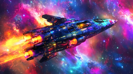 Wall Mural - Futuristic spaceship in colorful nebula with glowing engines - ultra-detailed sci-fi ray tracing illustration. Space Opera Scene. Illustration
