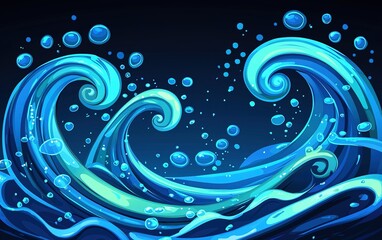 Poster - Dynamic ocean waves crashing with bubbles under a dark night sky in a vibrant, colorful illustration