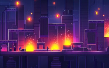 Poster - Vibrant industrial scene at dusk with silhouettes of workers amidst glowing machinery and sparks in a futuristic city