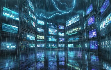Poster - Futuristic digital environment with multiple screens displaying data during a stormy night