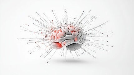 Poster - High-quality, white background stock photo of a human brain with interconnected lines and digital nodes symbolizing cognitive processing and neural connectivity.