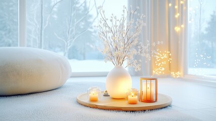 High-res image of a cozy room with white decor accents, soft textures, warm ambient lighting, and neutral furnishings creating a peaceful atmosphere