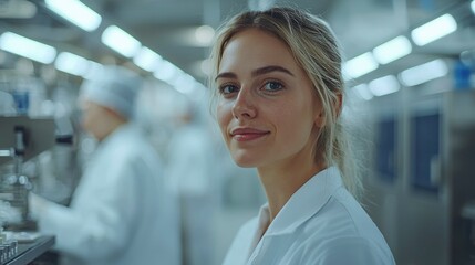 A Woman in a Lab Coat Looking at the Camera in a Factory