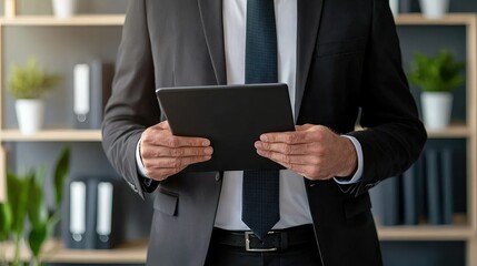 Confident businessman in suit holding tablet in modern office setting