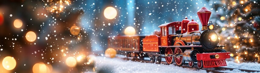 Christmas train decoration on snow next to a Christmas tree and bokeh lights size 32:9