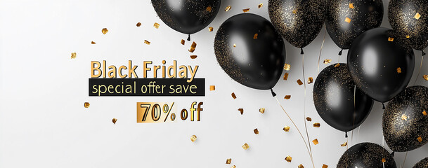 Poster - Black balloons with golden glittering confetti, text Black Friday special offer and a sign save up to 70% off