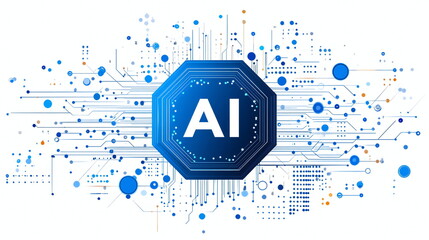 Fototapete - A futuristic abstract illustration representing artificial intelligence with the letters AI displayed in a blue octagon against a white background.