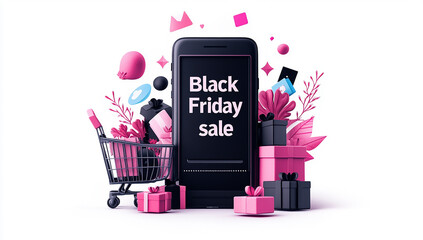 Poster - Black Friday text with vertical banner and gift box, balloons
