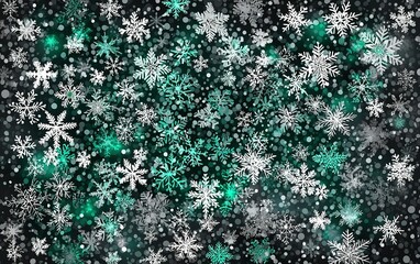 Poster - snowflakes of varying designs create a beautiful winter pattern in shades of white and teal against 