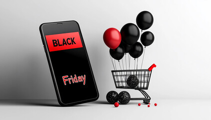 Poster - Black Friday text with vertical banner and gift box, balloons