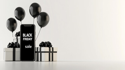 Poster - Black Friday text with vertical banner and gift box, balloons