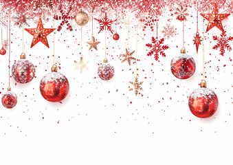 Poster - Red Christmas border with snowflakes and decorations on a white background