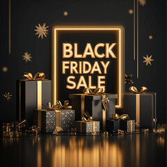 Poster - Black gift boxes with golden ribbon, illuminated sign text Black Friday Super Sale