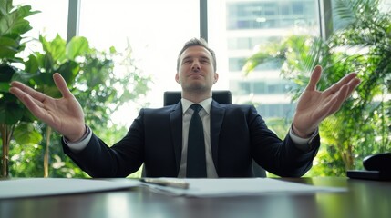 Confident young businessman in modern open office setting with hands extended for communication