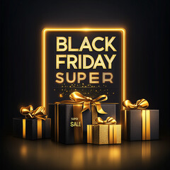 Poster - Black gift boxes with golden ribbon, illuminated sign text Black Friday Super Sale