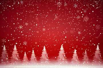 Poster - Red background with white Christmas trees at the bottom, Christmas card vector illustration