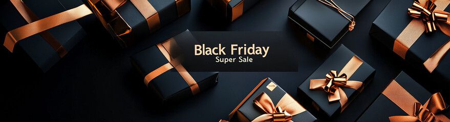 Poster - Black gift boxes with golden ribbon, illuminated sign text Black Friday Super Sale
