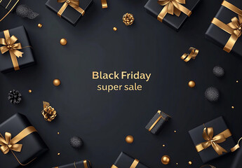 Poster - Black gift boxes with golden ribbon, illuminated sign text Black Friday Super Sale