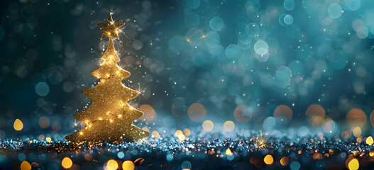 Poster - A golden Christmas tree is illuminated by the star on top