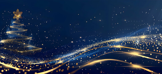 Poster - A blue background with a golden Christmas tree and star, shiny glitter particles
