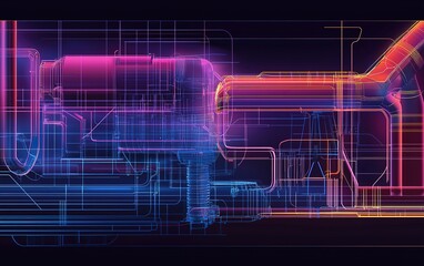 Poster - A vibrant digital illustration of complex machinery and piping components showcasing intricate designs and glowing colors at a modern facility