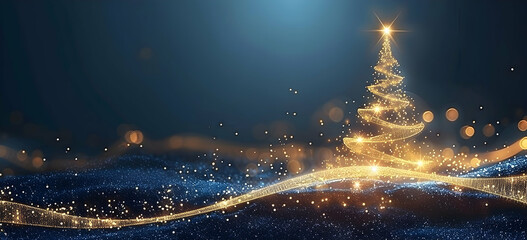 A background with a blue gradient and a glittering golden Christmas tree