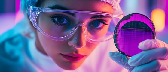 Poster - Woman in Lab Holding Microchip with Focused Expression